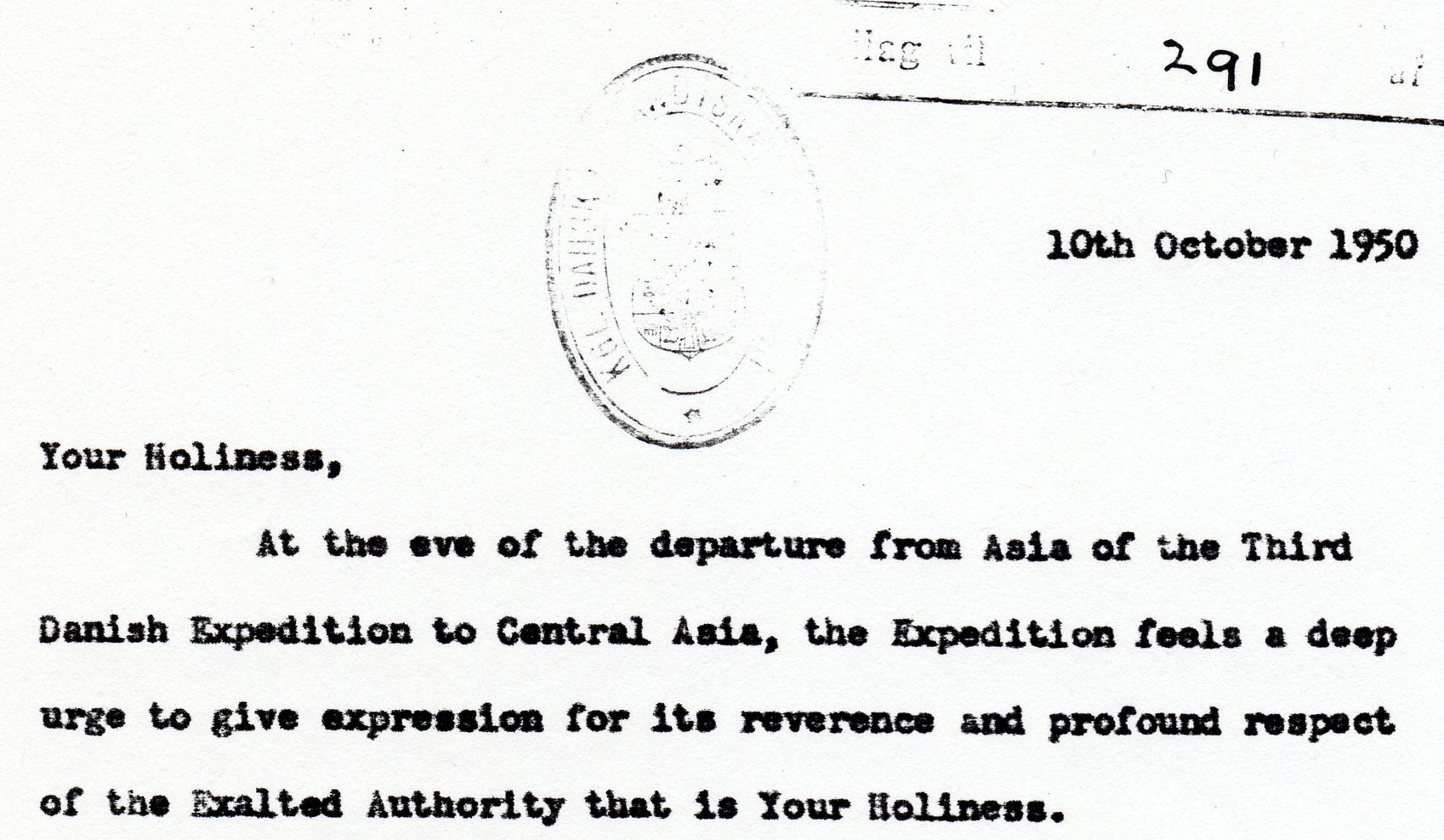 Brev til Dalai Lama den 10. oktober 1950 1950brevtilDL.jpg